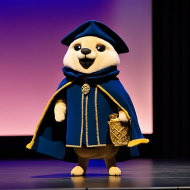 Go Blue Gopher performing Hamlet on a stage in full Shakespeare attire.