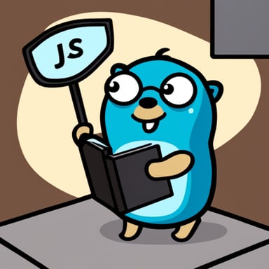 Hand-drawn Go Blue Gopher holding up a JS shield with JS on it.