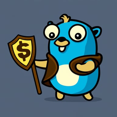 Hand-drawn Go Blue Gopher holding up a JS shield with JS on it.