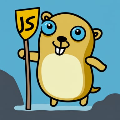 Hand-drawn Go Blue Gopher holding up a JS shield with JS on it.