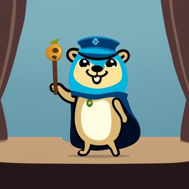 Go Blue Gopher as Hamlet, a happy blue gopher on a stage holding a skull performing the Shakespeare play.