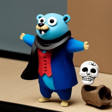 Go Blue Gopher as Hamlet, a happy blue gopher on a stage holding a skull performing the Shakespeare play.