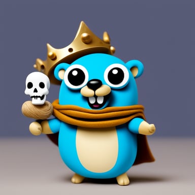 Go Blue Gopher as Hamlet, a happy blue gopher on a stage holding a skull performing the Shakespeare play.