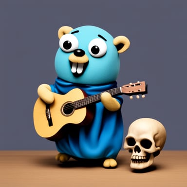 Go Blue Gopher as Hamlet, a happy blue gopher on a stage holding a skull performing the Shakespeare play.