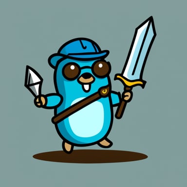 Hand-drawn Go Blue Gopher holding up a sword and shield with JS on it.