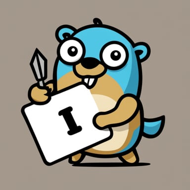 Hand-drawn Go Blue Gopher holding up a sword and shield with JS on it.