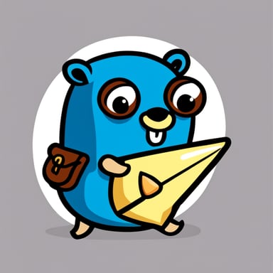 Hand-drawn Go Blue Gopher holding up a sword and shield with JS on it.