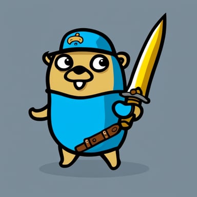 Hand-drawn Go Blue Gopher holding up a sword and shield with JS on it.
