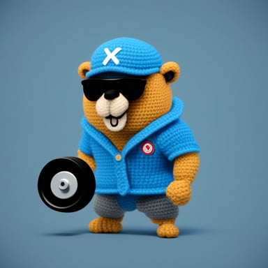 Create a Go Blue Gopher flexing and lifting weights that have the Kubernetes logo on the side, high detail, 4k, crochet style.