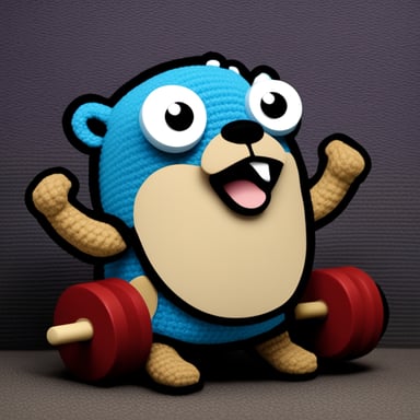Create a Go Blue Gopher flexing and lifting weights that have the Kubernetes logo on the side, high detail, 4k, crochet style.
