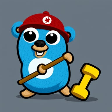 Create a Go Blue Gopher flexing and lifting weights that have the Kubernetes logo on the side, high detail, 4k, crochet style.