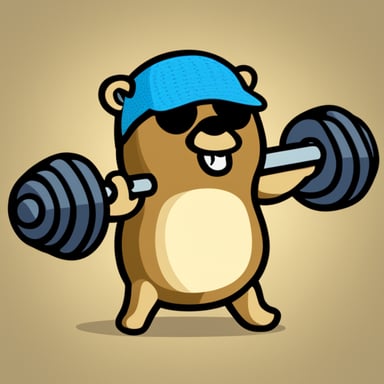Create a Go Blue Gopher flexing and lifting weights that have the Kubernetes logo on the side, high detail, 4k, crochet style.