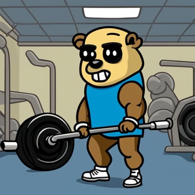 Go Blue Gopher as Schwarzenegger, muscles bulging and stance powerful, inspires everyone at the gym with his dedication and strength.
