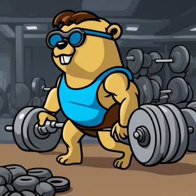 Go Blue Gopher as Schwarzenegger, muscles bulging and stance powerful, inspires everyone at the gym with his dedication and strength.