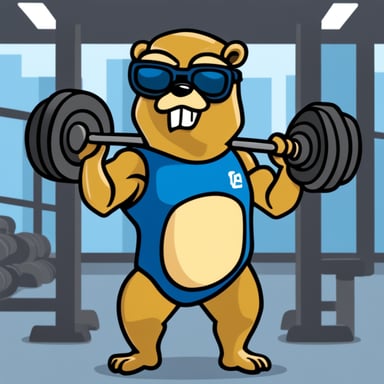 Go Blue Gopher as Schwarzenegger, muscles bulging and stance powerful, inspires everyone at the gym with his dedication and strength.