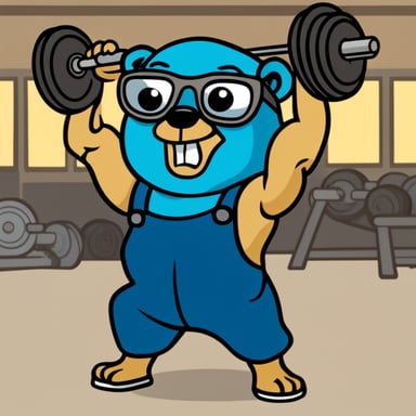 Go Blue Gopher as Schwarzenegger, muscles bulging and stance powerful, inspires everyone at the gym with his dedication and strength.