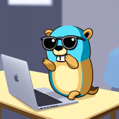 Go Blue Gopher, a hardworking gopher using a MacBook Air, finds the solution to a hard problem.