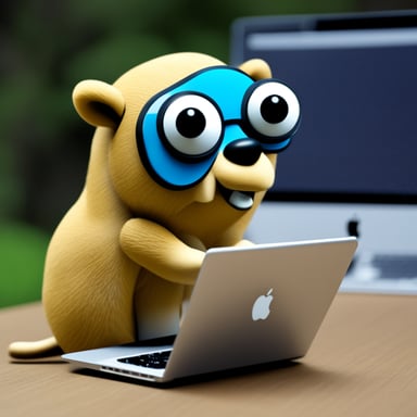 Go Blue Gopher, a hardworking gopher using a MacBook Air, finds the solution to a hard problem.
