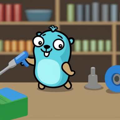 Go blue gopher is hammering a container.