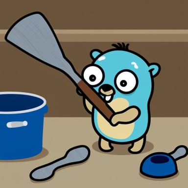 Go blue gopher is hammering a container.