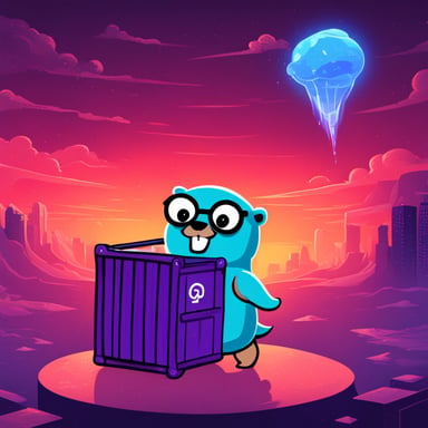 Go blue gopher destroying a Kubernetes container.