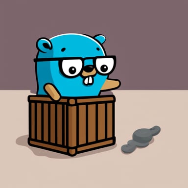 Go blue gopher destroying a Kubernetes container.