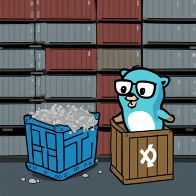 Go blue gopher destroying a Kubernetes container.