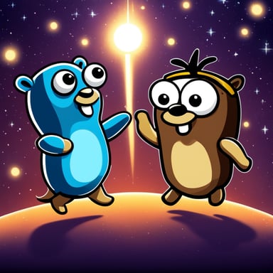 Go Blue Gopher, happy and blue, high fives Datum the Apache Beam Firefly over large-scale data processing.