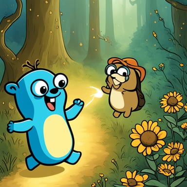 Go Blue Gopher, happy and blue, high fives Datum the Apache Beam Firefly over large-scale data processing.