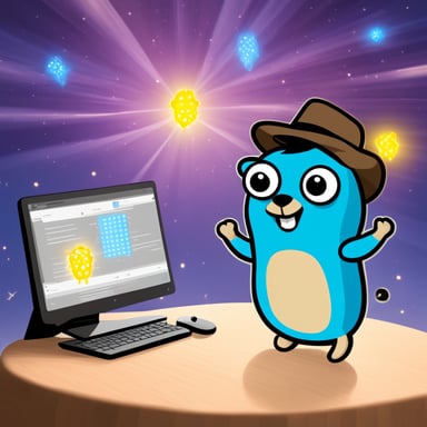 Go Blue Gopher, happy and blue, high fives Datum the Apache Beam Firefly over large-scale data processing.