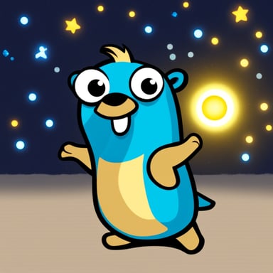 Go Blue Gopher, happy and blue, high fives Datum the Apache Beam Firefly over large-scale data processing.