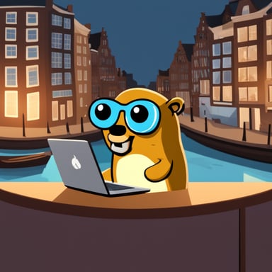 A go blue gopher working on a Linux laptop in Amsterdam.