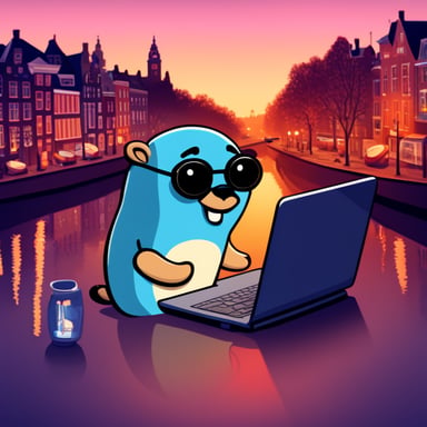 A go blue gopher working on a Linux laptop in Amsterdam.
