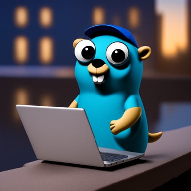 A go blue gopher working on a Linux laptop in Amsterdam.