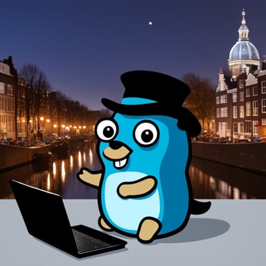 A Go Blue Gopher is using a Linux laptop in Amsterdam, which has a Tux logo on it.