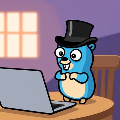 A Go Blue Gopher is using a Linux laptop in Amsterdam, which has a Tux logo on it.