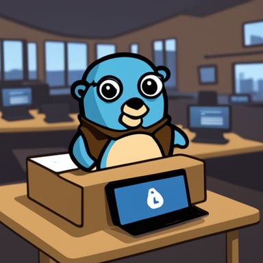 A Go Blue Gopher is using a Linux laptop in Amsterdam, which has a Tux logo on it.