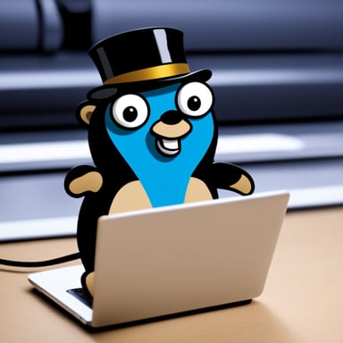 A Go Blue Gopher is using a Linux laptop in Amsterdam, which has a Tux logo on it.