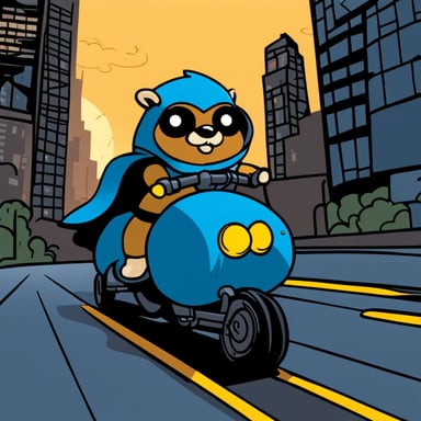 Go Blue Gopher riding on a Batpod in Gotham City.