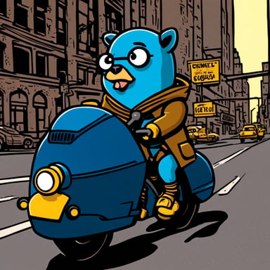 Go Blue Gopher riding on a Batpod in Gotham City.