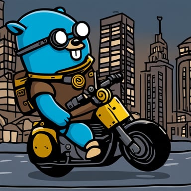 Go Blue Gopher riding on a Batpod in Gotham City.