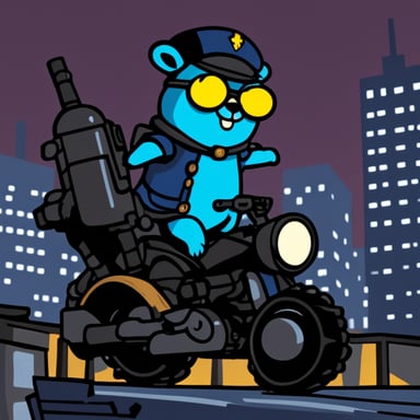 Go Blue Gopher riding on a Batpod in Gotham City.