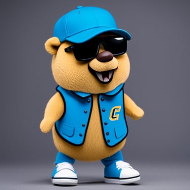 Go Blue Gopher is a top-tier sports photographer for ESPN. Imagine Go Blue Gopher playing basketball, taking a jump shot. This gopher stands six feet, five inches tall, sports basketball shoes, and wears a blue Nikola Jokic Denver Nuggets jersey. Go Blue Gopher has a blue baseball cap worn backwards, glasses on, a wide smile, and is confident about making the shot. Behind him, a stadium full of fans captures the moment.