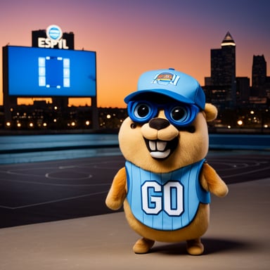 Go Blue Gopher is a top-tier sports photographer for ESPN. Imagine Go Blue Gopher playing basketball, taking a jump shot. This gopher stands six feet, five inches tall, sports basketball shoes, and wears a blue Nikola Jokic Denver Nuggets jersey. Go Blue Gopher has a blue baseball cap worn backwards, glasses on, a wide smile, and is confident about making the shot. Behind him, a stadium full of fans captures the moment.