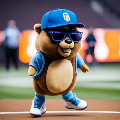 Go Blue Gopher is a top-tier sports photographer for ESPN. Imagine Go Blue Gopher playing basketball, taking a jump shot. This gopher stands six feet, five inches tall, sports basketball shoes, and wears a blue Nikola Jokic Denver Nuggets jersey. Go Blue Gopher has a blue baseball cap worn backwards, glasses on, a wide smile, and is confident about making the shot. Behind him, a stadium full of fans captures the moment.