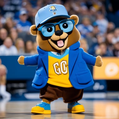 Go Blue Gopher is a top-tier sports photographer for ESPN. Imagine Go Blue Gopher playing basketball, taking a jump shot. This gopher stands six feet, five inches tall, sports basketball shoes, and wears a blue Nikola Jokic Denver Nuggets jersey. Go Blue Gopher has a blue baseball cap worn backwards, glasses on, a wide smile, and is confident about making the shot. Behind him, a stadium full of fans captures the moment.