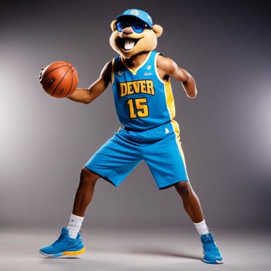 Go Blue Gopher, an NBA player, is captured in action by a professional sports photographer. Standing six feet, five inches tall, Go Blue Gopher is seen taking a jump shot, basketball in hand. Dressed in a blue Denver Nuggets NBA jersey, number 15, with basketball shoes, a backwards blue baseball cap, glasses, and a wide smile, he radiates confidence. The backdrop of a full stadium, with camera flashes lighting up the moment, highlights Go Blue Gopher's skill and charisma on the court.