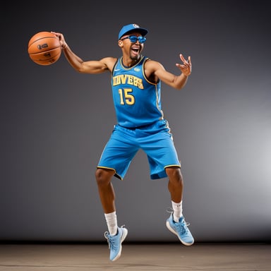 Go Blue Gopher, an NBA player, is captured in action by a professional sports photographer. Standing six feet, five inches tall, Go Blue Gopher is seen taking a jump shot, basketball in hand. Dressed in a blue Denver Nuggets NBA jersey, number 15, with basketball shoes, a backwards blue baseball cap, glasses, and a wide smile, he radiates confidence. The backdrop of a full stadium, with camera flashes lighting up the moment, highlights Go Blue Gopher's skill and charisma on the court.