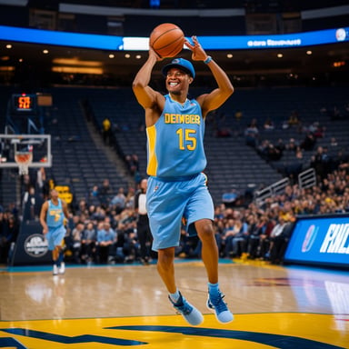 Go Blue Gopher, an NBA player, is captured in action by a professional sports photographer. Standing six feet, five inches tall, Go Blue Gopher is seen taking a jump shot, basketball in hand. Dressed in a blue Denver Nuggets NBA jersey, number 15, with basketball shoes, a backwards blue baseball cap, glasses, and a wide smile, he radiates confidence. The backdrop of a full stadium, with camera flashes lighting up the moment, highlights Go Blue Gopher's skill and charisma on the court.