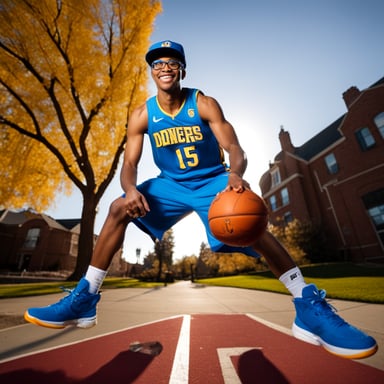 Go Blue Gopher, an NBA player, is captured in action by a professional sports photographer. Standing six feet, five inches tall, Go Blue Gopher is seen taking a jump shot, basketball in hand. Dressed in a blue Denver Nuggets NBA jersey, number 15, with basketball shoes, a backwards blue baseball cap, glasses, and a wide smile, he radiates confidence. The backdrop of a full stadium, with camera flashes lighting up the moment, highlights Go Blue Gopher's skill and charisma on the court.